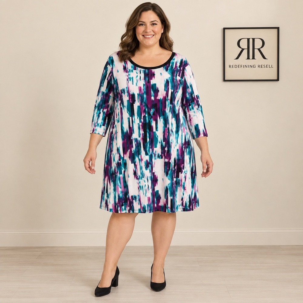 Calvin Klein Womens 2X Abstract Print 3/4 Sleeve A-Line Dress Purple Punch NEW
